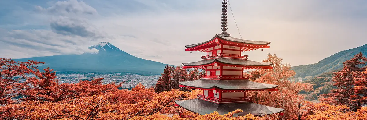 Paesaggio tipico giapponese con tempio giapponese e alberi in fiore